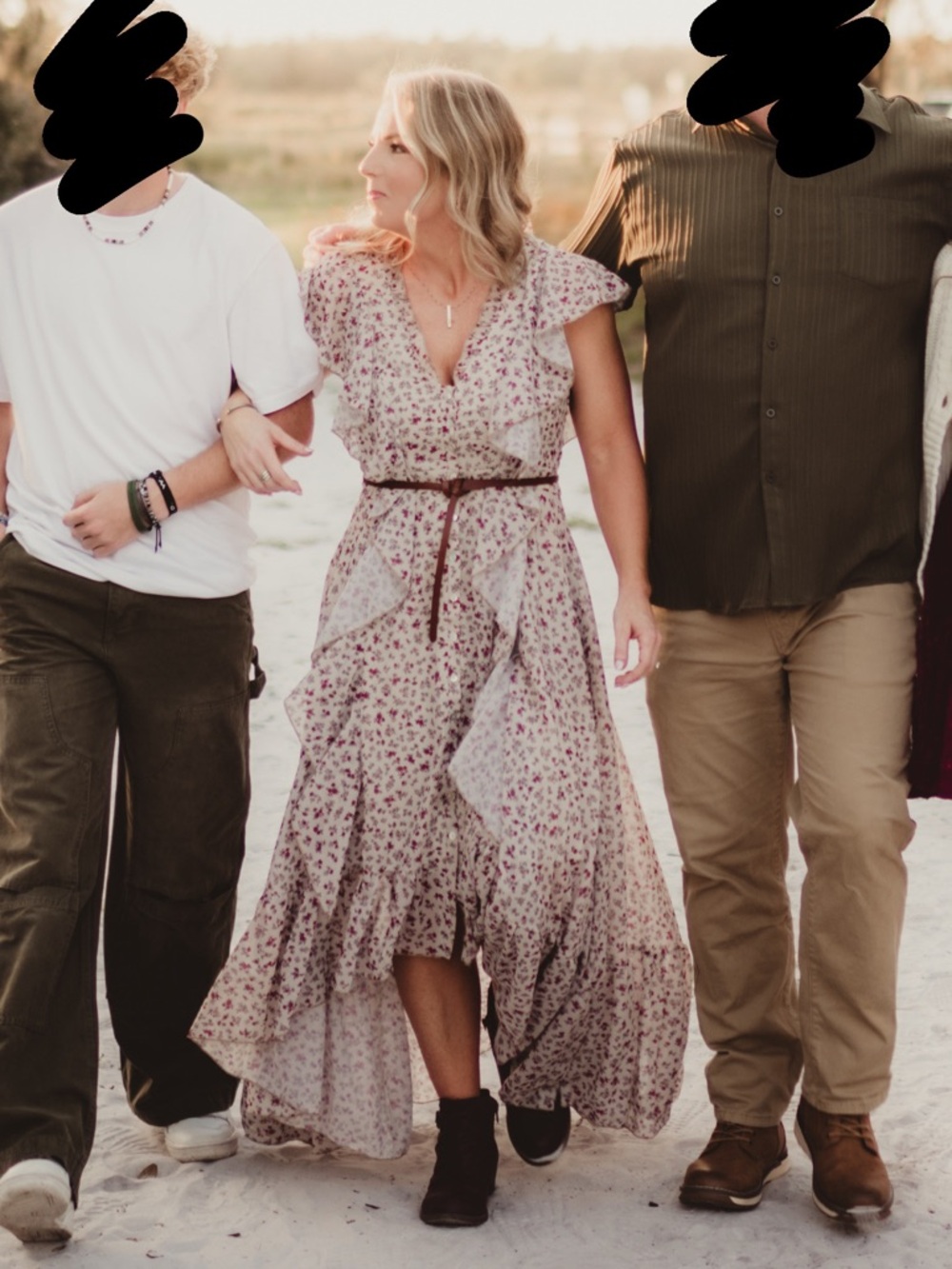 Joyfolie Cass Dress Cream Ditsy Floral High-Low Ruffle Maxi with belt